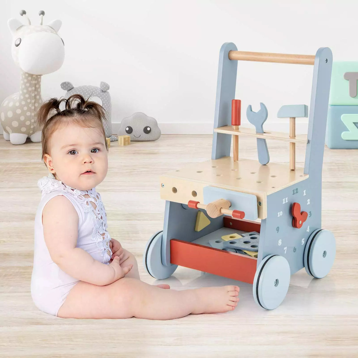 BABY JOY Wooden Baby Push Walker 2-in-1 Toddler Montessori Activity Walker