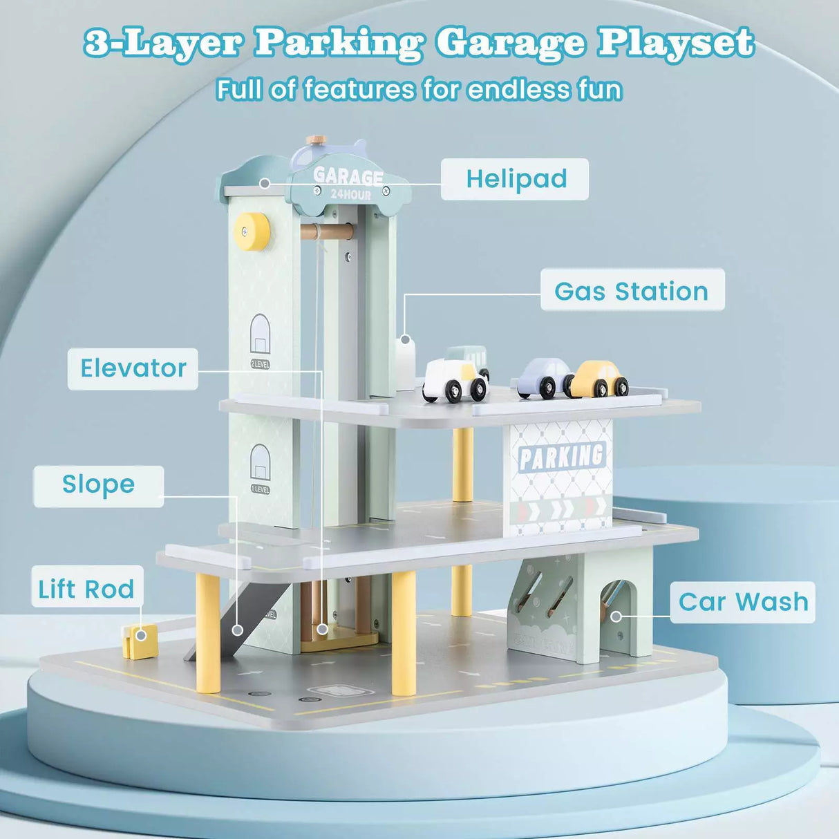 HONEY JOY 3-Tier Wooden Garage Playset, Pretend Play Parking Lot w/Working Elevator