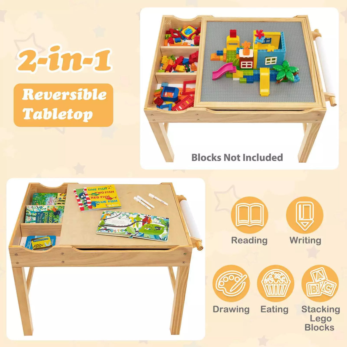 2-in-1 Kids Activity Table Wooden Play Desk w/Reversible Tabletop & Paper Roll