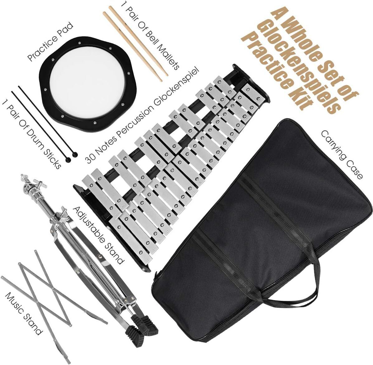 30 Notes Glockenspiel Xylophone Bell Kit with Practice Pad Percussion Instrument