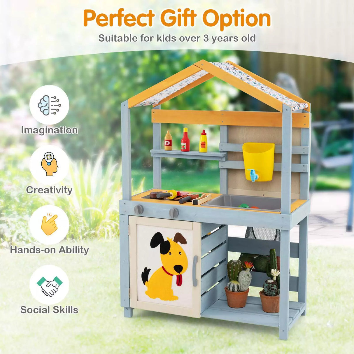 2 in 1 Wood Mud Kitchen Outdoor Pretend Play Kitchen Toy w/Removable Water Box