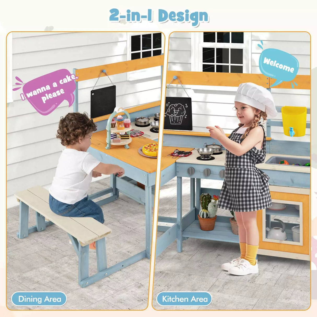 Kids Mud Kitchen 2-in-1 Outdoor Toy Kitchen Dining Area w Bench & Blackboard