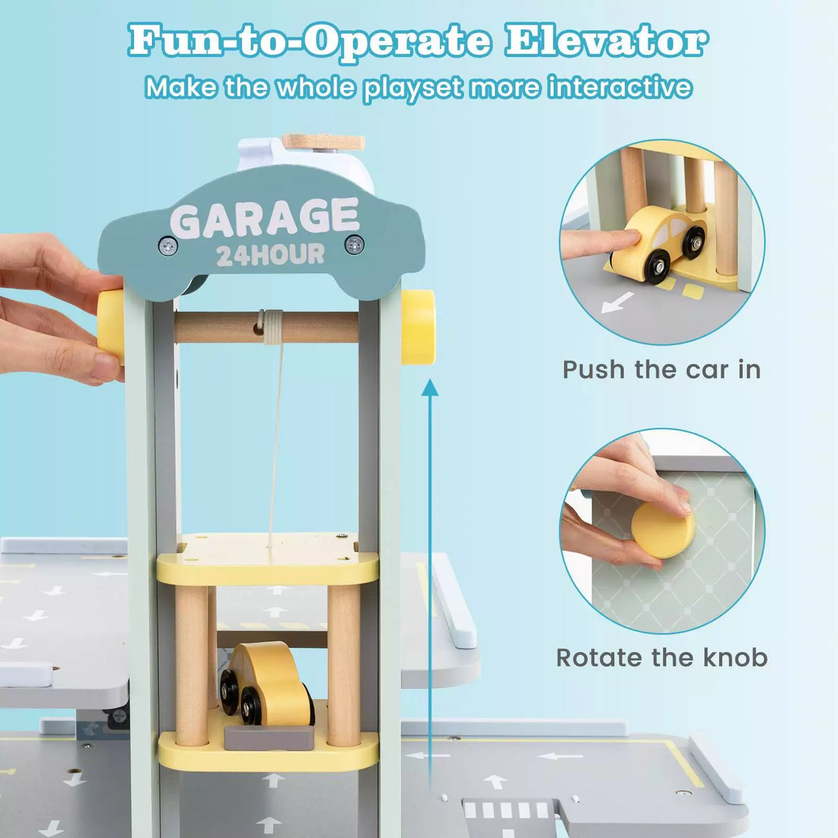 HONEY JOY 3-Tier Wooden Garage Playset, Pretend Play Parking Lot w/Working Elevator