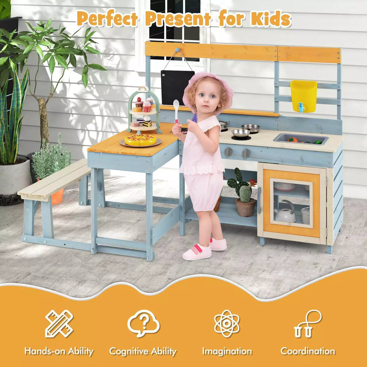 Kids Mud Kitchen 2-in-1 Outdoor Toy Kitchen Dining Area w Bench & Blackboard