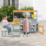 Kids Mud Kitchen 2-in-1 Outdoor Toy Kitchen Dining Area w Bench & Blackboard