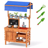 Wooden Pretend Play Kitchen Kids Outdoor Mud Kitchen Playset w/Adjustable Canopy