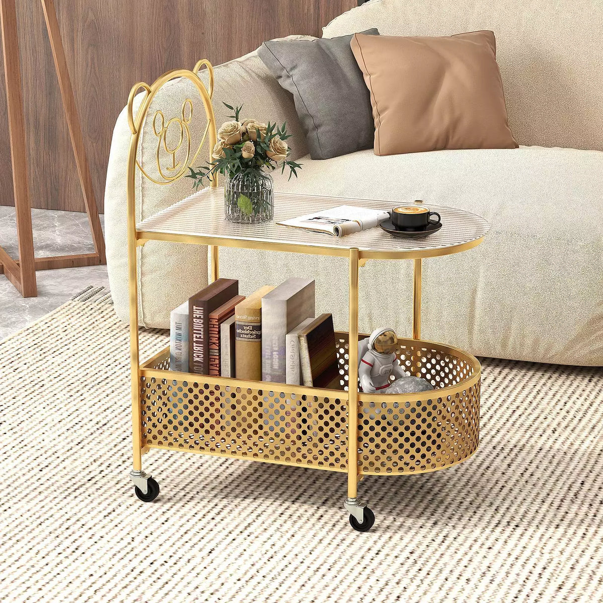 HONEY JOY 2-Tier Kids Storage Side Table Mobile Coffee Table w/Lockable Wheels