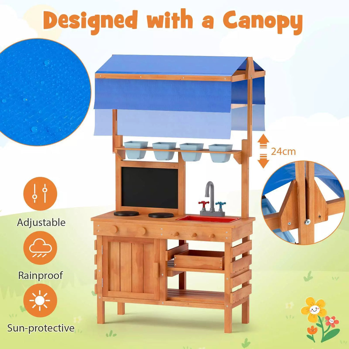 Wooden Pretend Play Kitchen Kids Outdoor Mud Kitchen Playset w/Adjustable Canopy