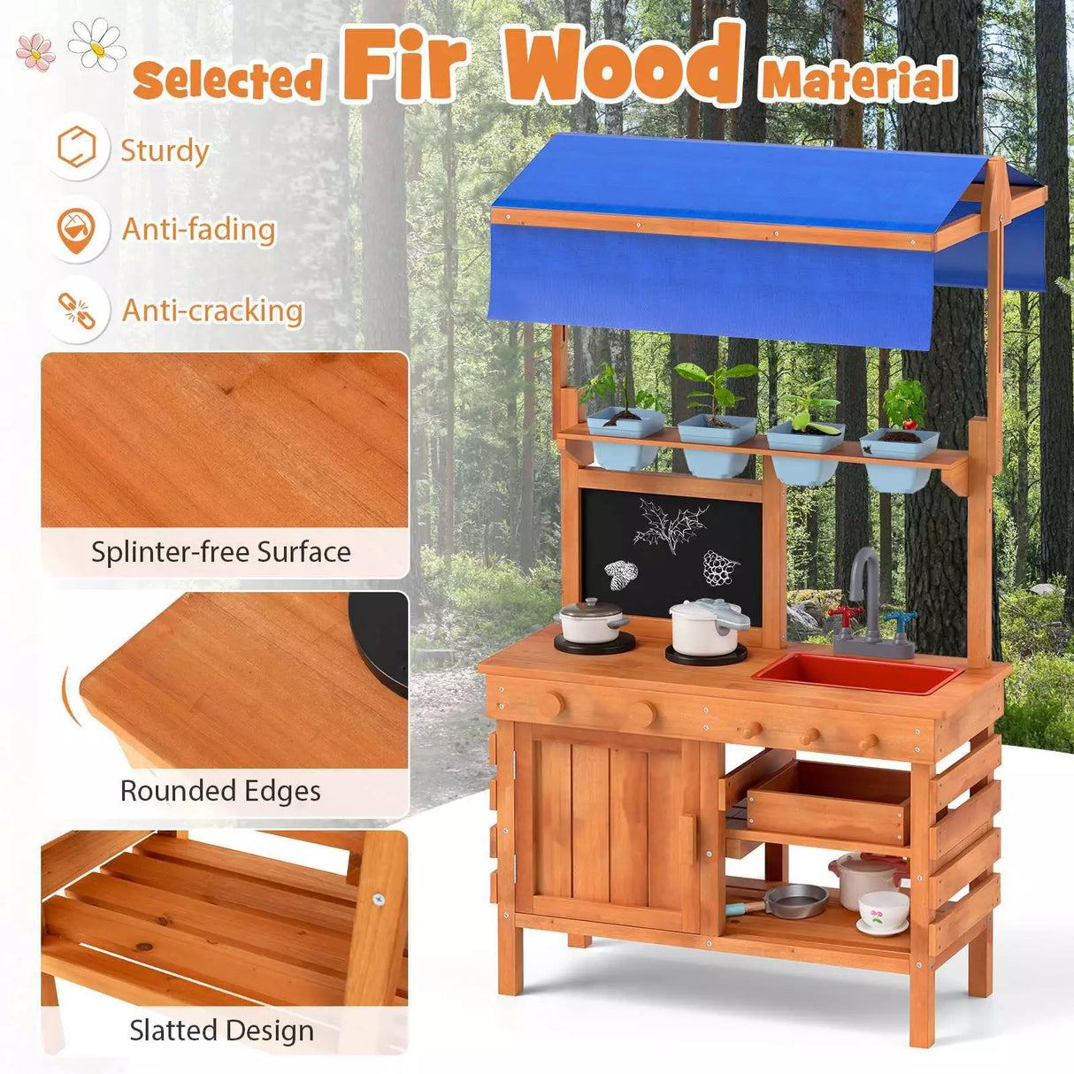 Wooden Pretend Play Kitchen Kids Outdoor Mud Kitchen Playset w/Adjustable Canopy