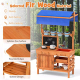 Wooden Pretend Play Kitchen Kids Outdoor Mud Kitchen Playset w/Adjustable Canopy