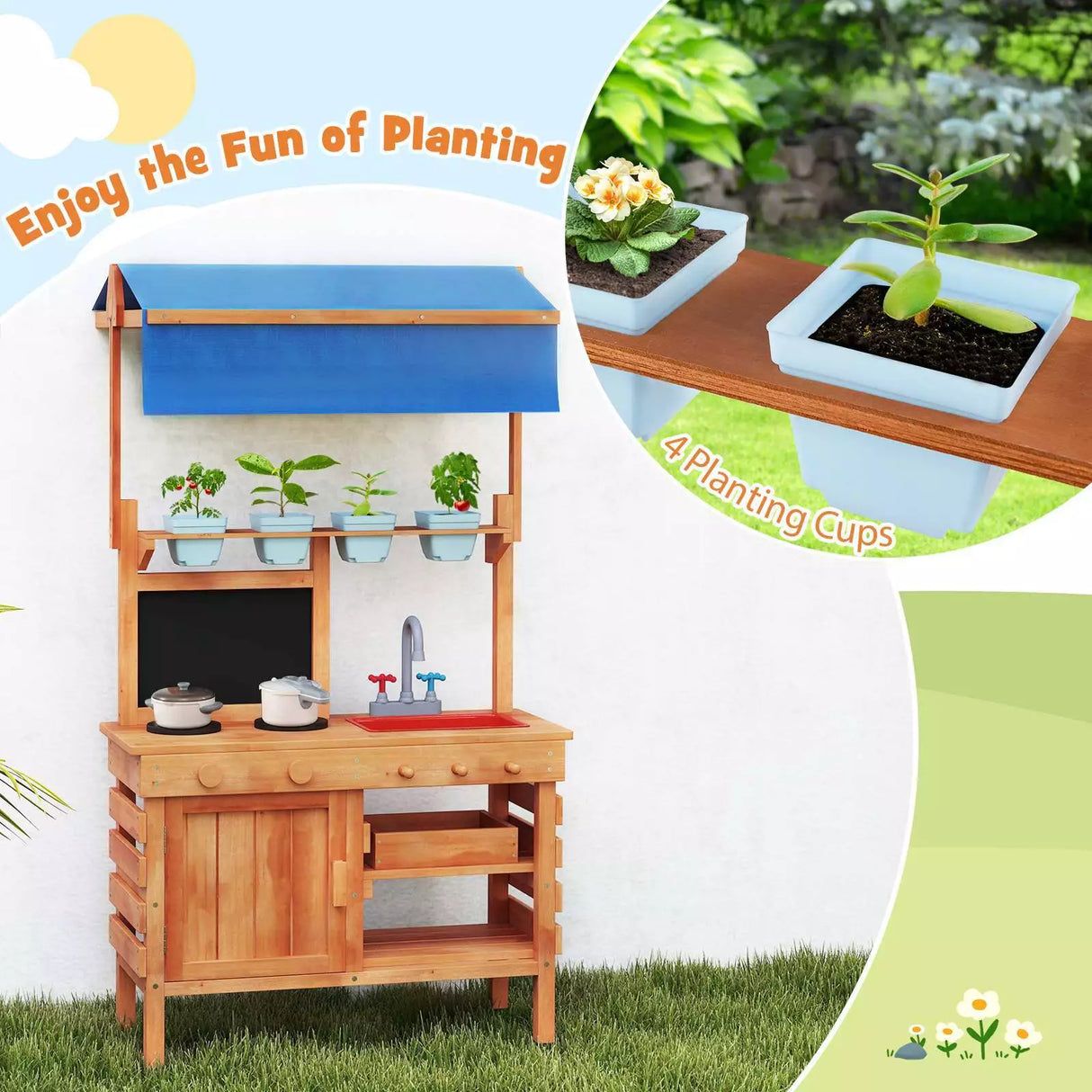 Wooden Pretend Play Kitchen Kids Outdoor Mud Kitchen Playset w/Adjustable Canopy