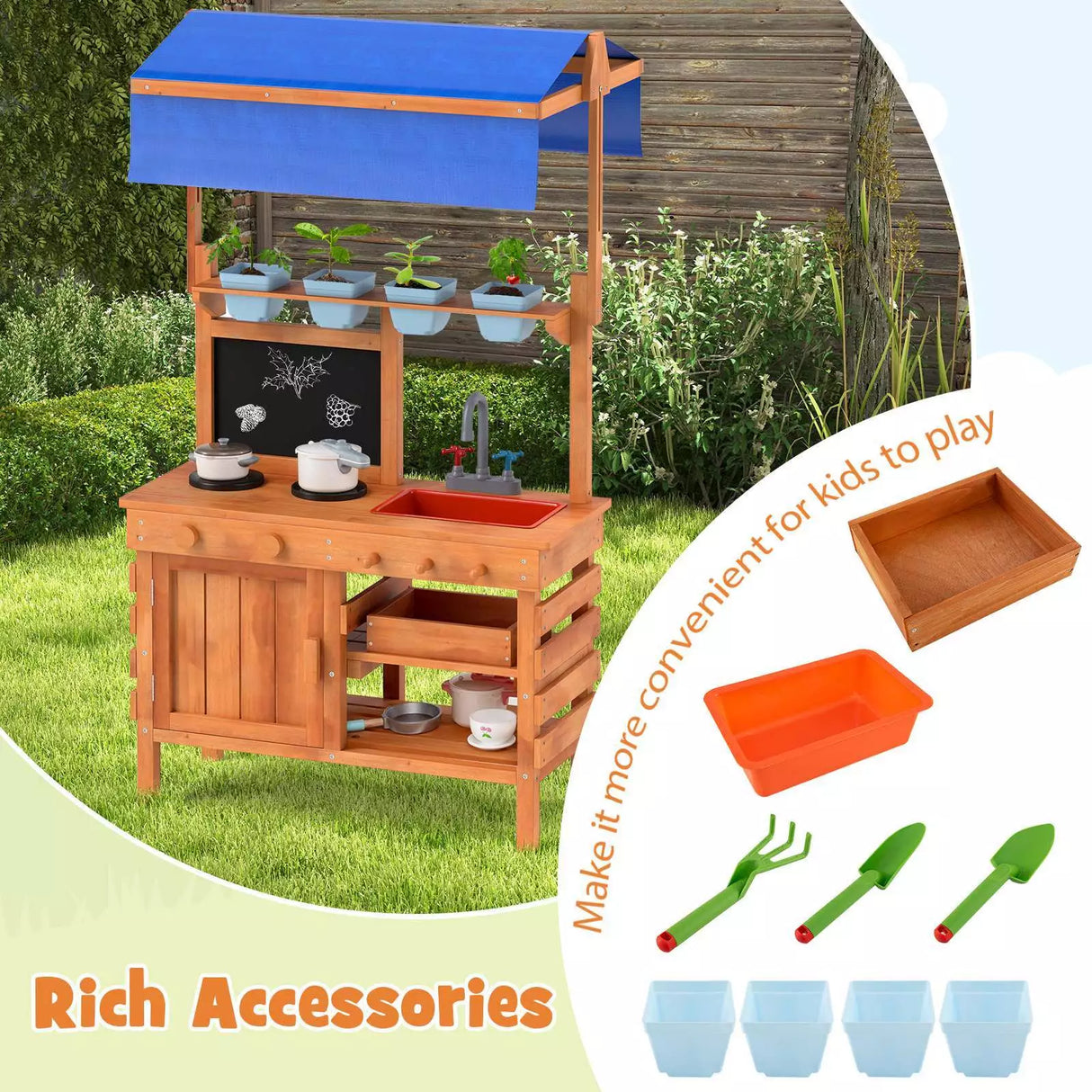 Wooden Pretend Play Kitchen Kids Outdoor Mud Kitchen Playset w/Adjustable Canopy