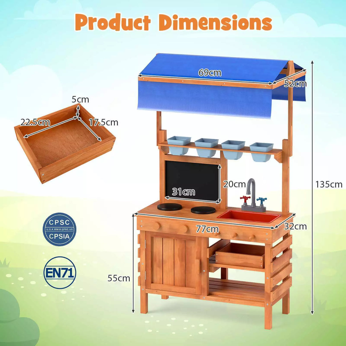 Wooden Pretend Play Kitchen Kids Outdoor Mud Kitchen Playset w/Adjustable Canopy