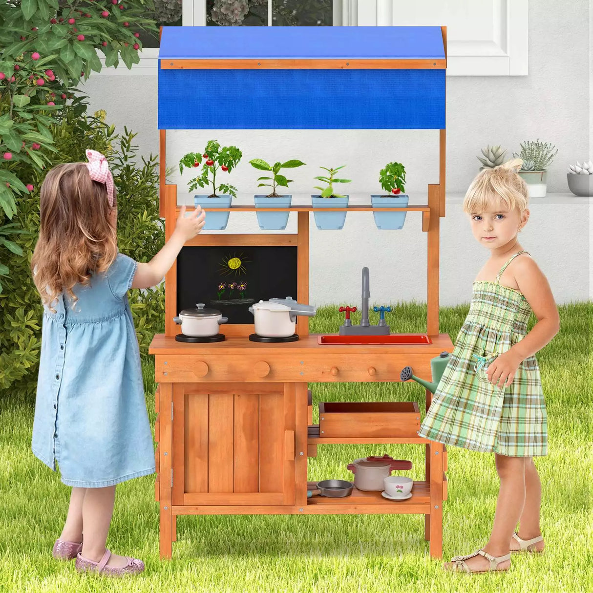 Wooden Pretend Play Kitchen Kids Outdoor Mud Kitchen Playset w/Adjustable Canopy