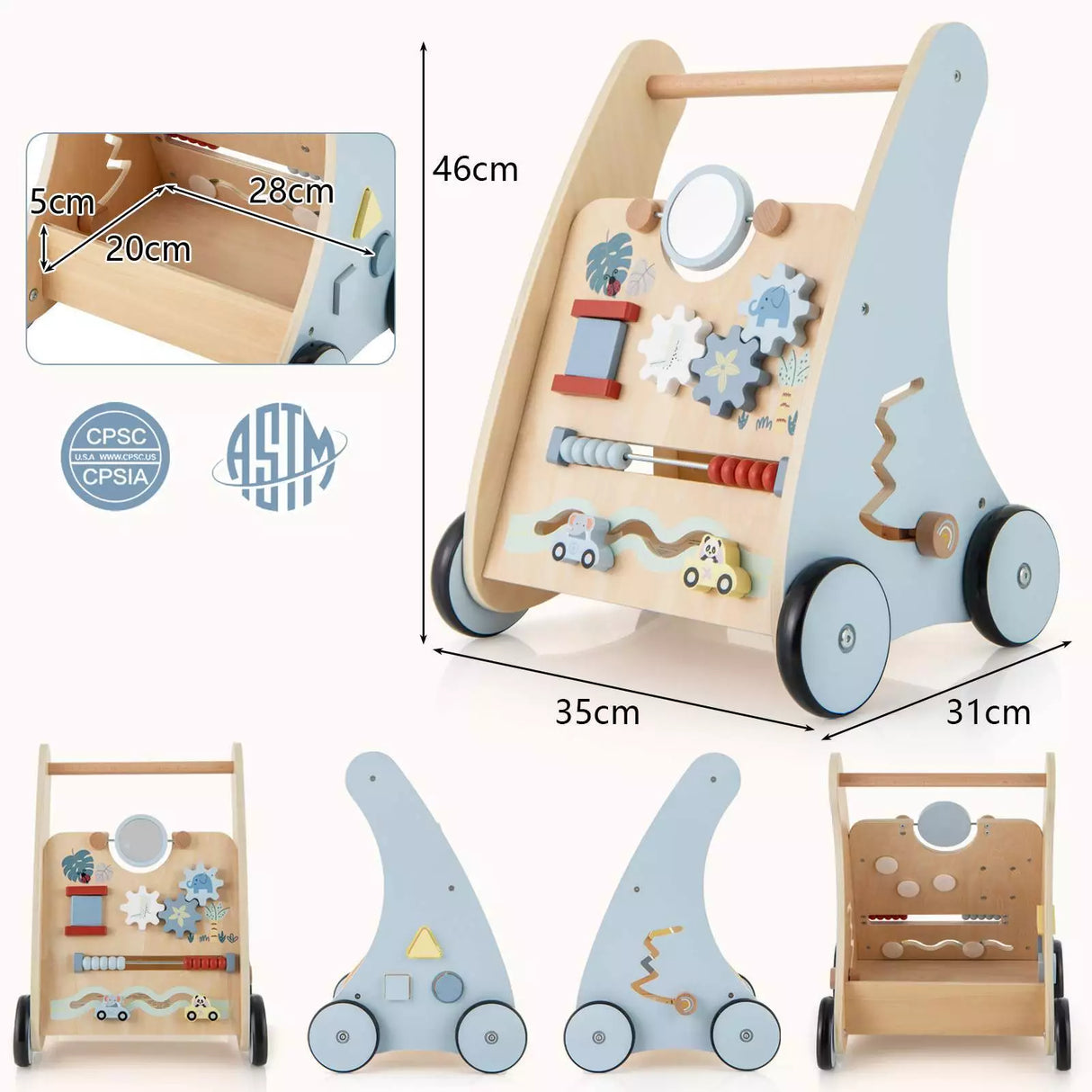 BABY JOY Wooden Baby Walker Push & Pull Walker Montessori Multi-Activity Center