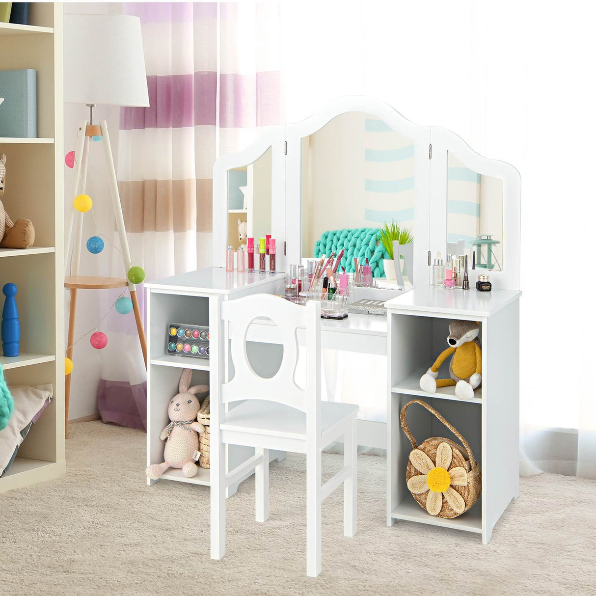 HONEY JOY Kids Vanity Table and Stool Set Multi-functional Makeup Dressing Desk