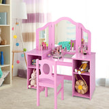 HONEY JOY Kids Vanity Table and Stool Set Multi-functional Makeup Dressing Desk