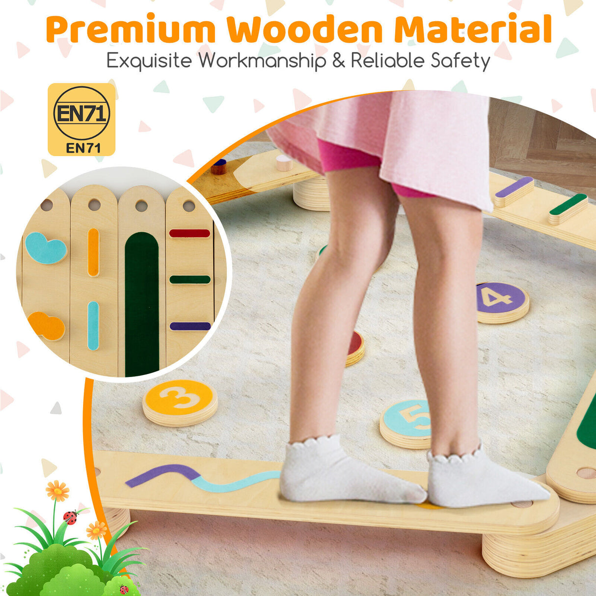 Kids Wooden Balance Beam Set with Stepping Stones Gymnastics Obstacle Course Toy