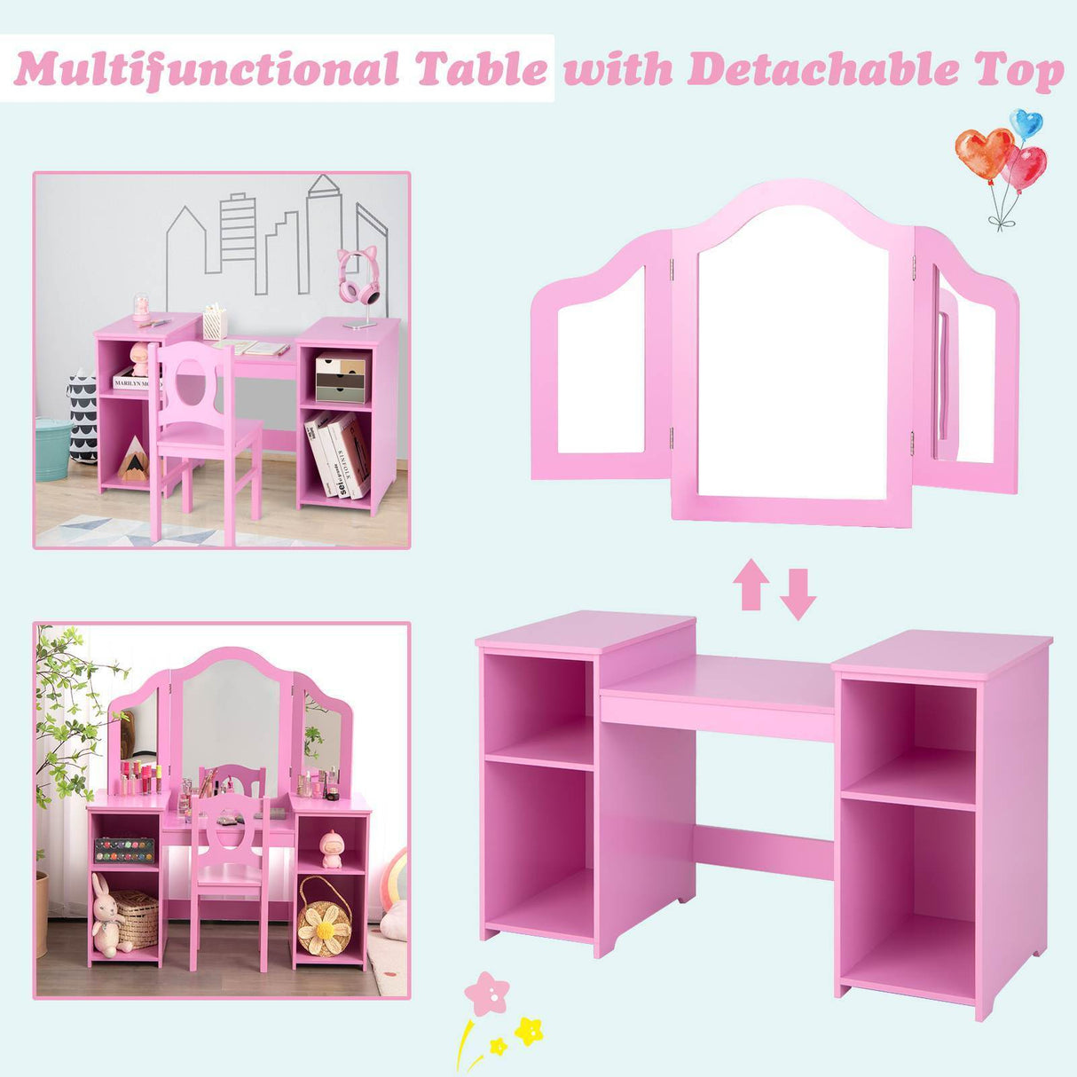 HONEY JOY Kids Vanity Table and Stool Set Multi-functional Makeup Dressing Desk