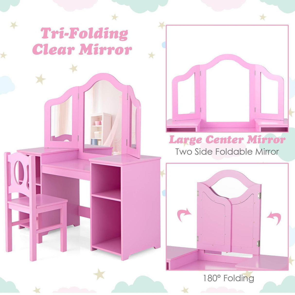 HONEY JOY Kids Vanity Table and Stool Set Multi-functional Makeup Dressing Desk