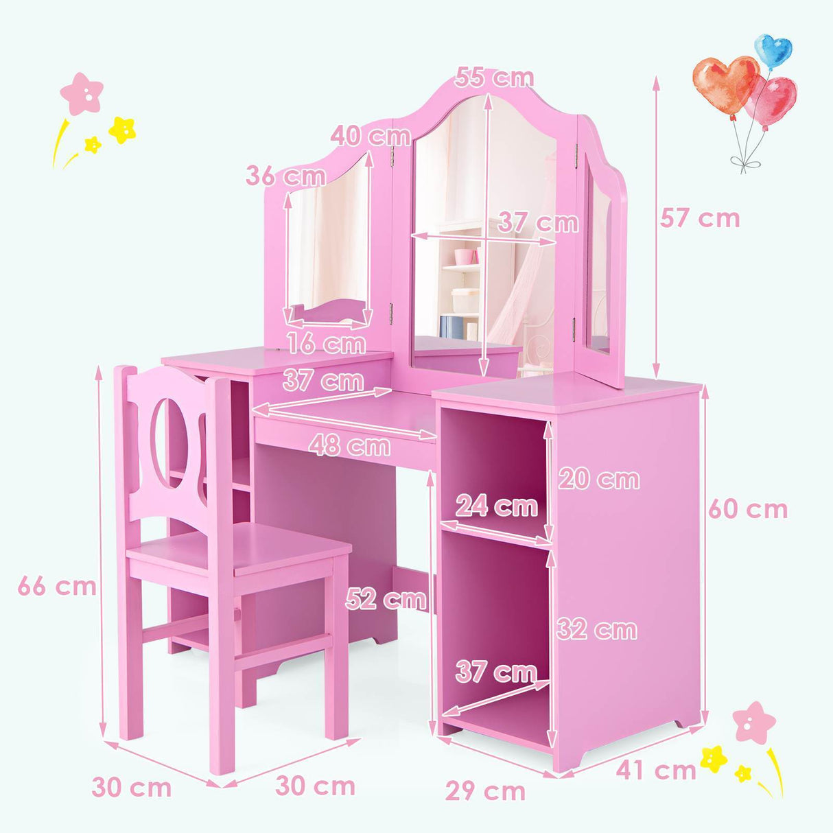 HONEY JOY Kids Vanity Table and Stool Set Multi-functional Makeup Dressing Desk