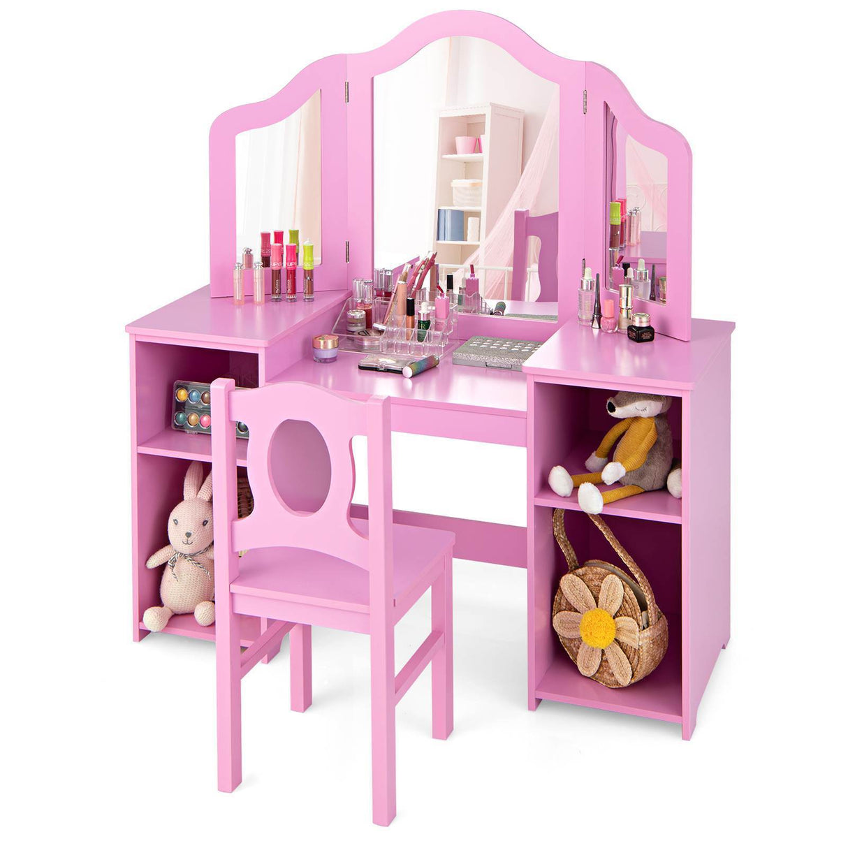 HONEY JOY Kids Vanity Table and Stool Set Multi-functional Makeup Dressing Desk