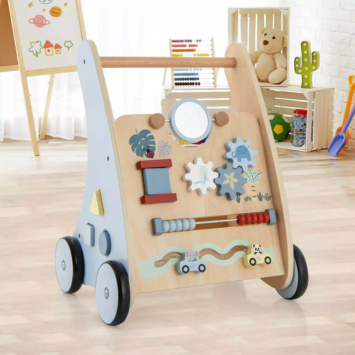 BABY JOY Wooden Baby Walker Push & Pull Walker Montessori Multi-Activity Center