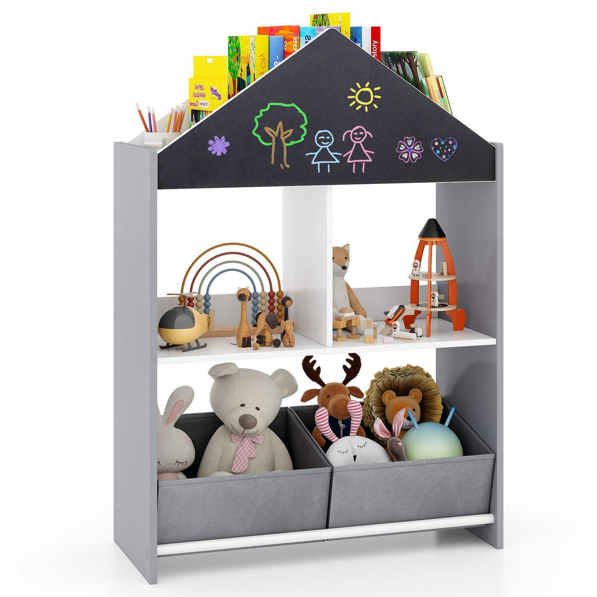 Playhouse Kids Bookshelf Wooden Toy Storage Organizer w/Chalkboard & Whiteboard