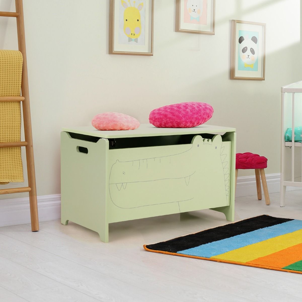 Kids Toy Box Storage Chest, Wooden Trunk Bench w/ Safety Hinge, Children Storage Box w/ Handles