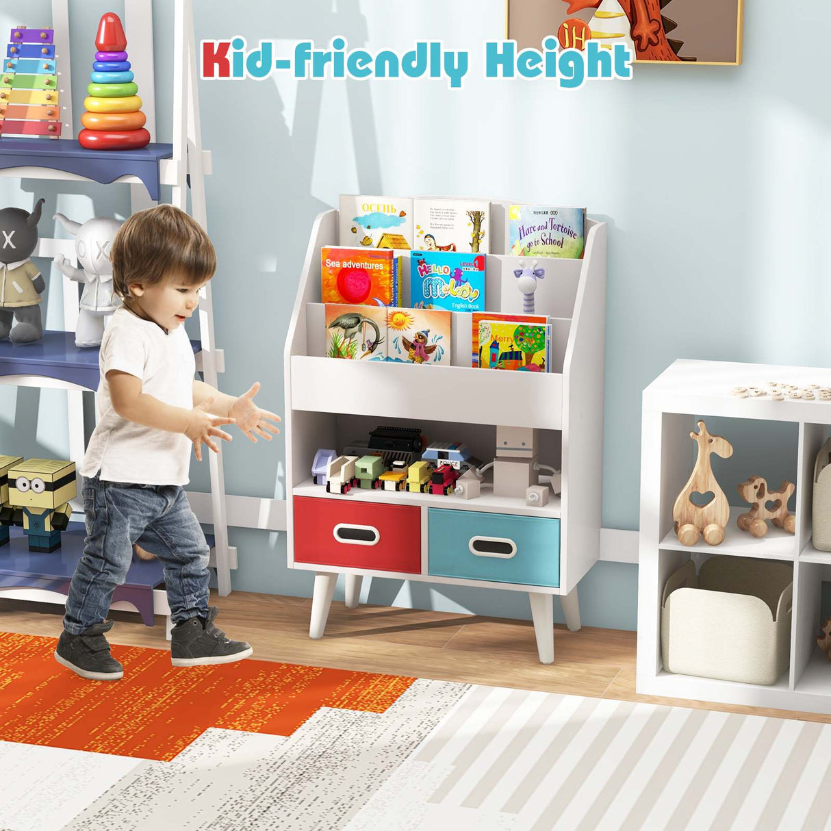 HONEY JOY Kids Bookshelf, Children Book Display Rack with 3-Tier Bookshelves, Open Compartment & 2 Fabric Drawers