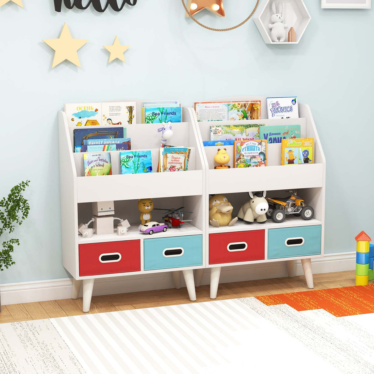 HONEY JOY Kids Bookshelf, Children Book Display Rack with 3-Tier Bookshelves, Open Compartment & 2 Fabric Drawers