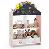 Playhouse Kids Bookshelf Wooden Toy Storage Organizer w/Chalkboard & Whiteboard