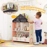 Playhouse Kids Bookshelf Wooden Toy Storage Organizer w/Chalkboard & Whiteboard