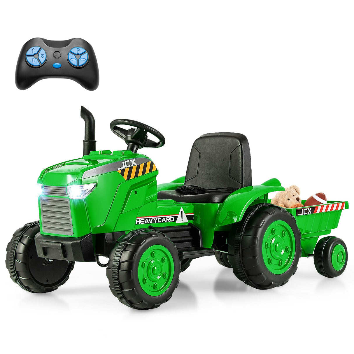 HONEY JOY 12V Kids Ride On Tractor with Trailer, 2-in-1 Electric Toy Car with Remote Control