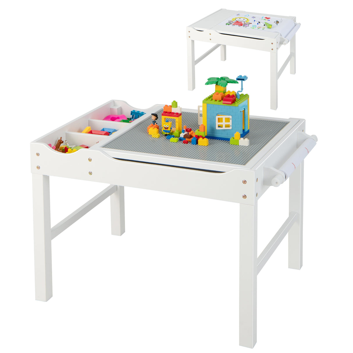 2-in-1 Kids Activity Table Wooden Play Desk w/Reversible Tabletop & Paper Roll