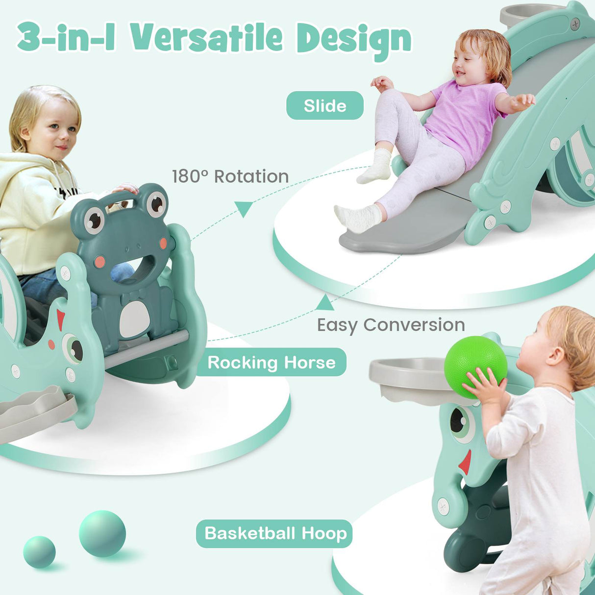 HONEY JOY 3-in-1 Kids Slide Rocking Horse Set with Basketball Hoop Indoor Gift