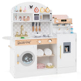 Wooden Kitchen Playset with Clock, Microwave, Sink, Dish Rack, Washing Machine, Ice & Coffee Makers